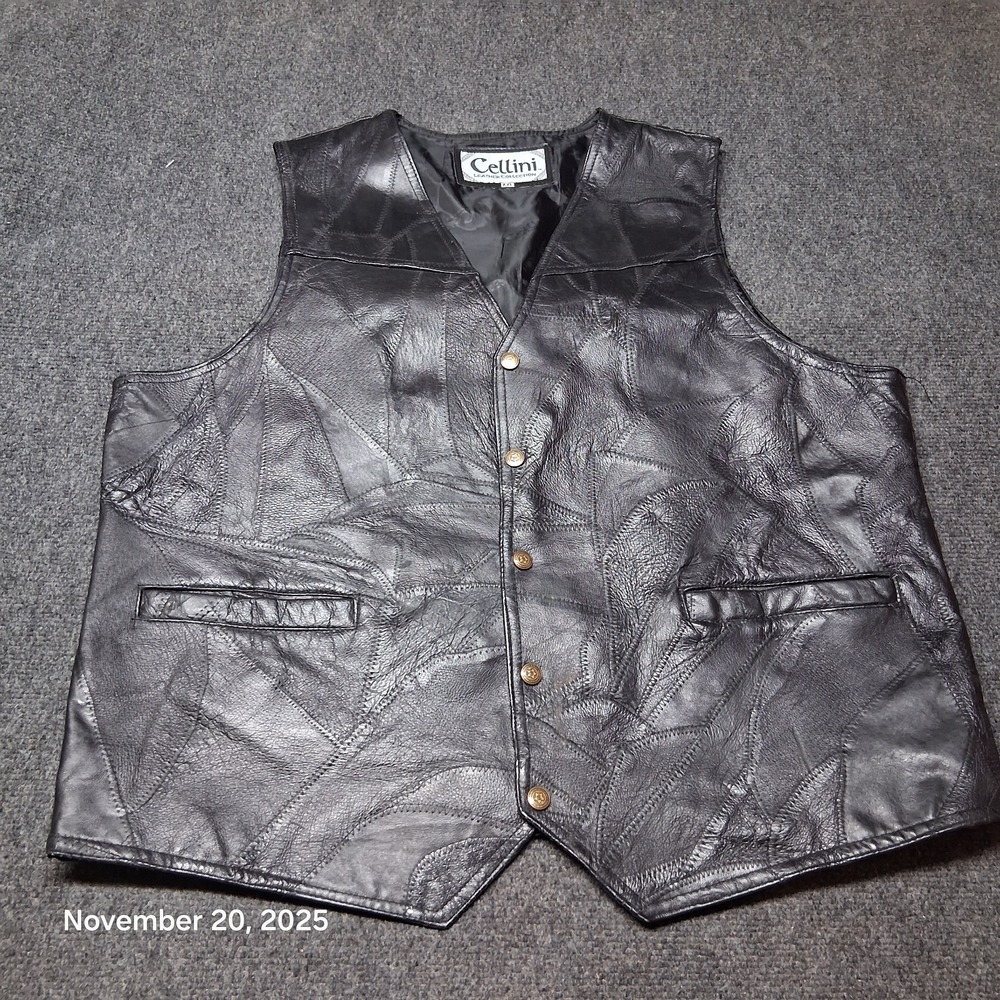Vintage Cellini Patch Work Black Leather Motorcycle Vest Size XXL Lined